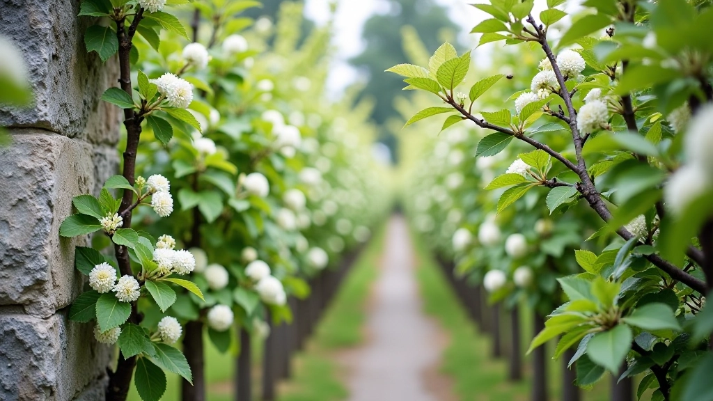 Espalier trained fruit trees against stone walls with spring blossoms and young developing fruit