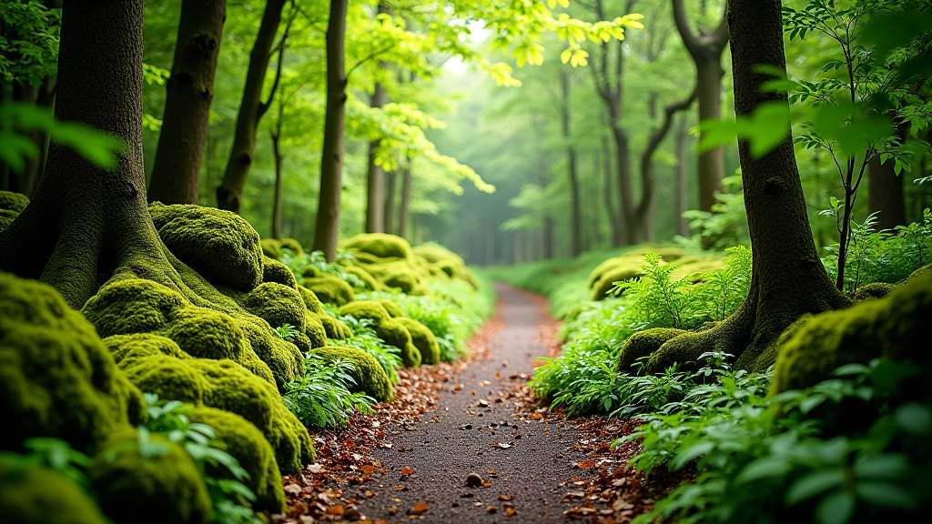 Winding forest path with fallen logs and natural woodland composition, filtered light through tree canopy
