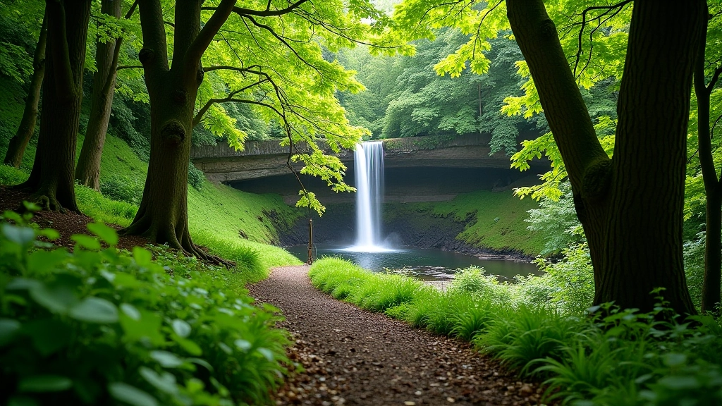 Forest trail with woodland scenery leading to waterfall