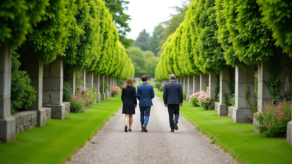 Visitors walking along gravel paths in Victorian garden with stone walls, flowering plants on either side