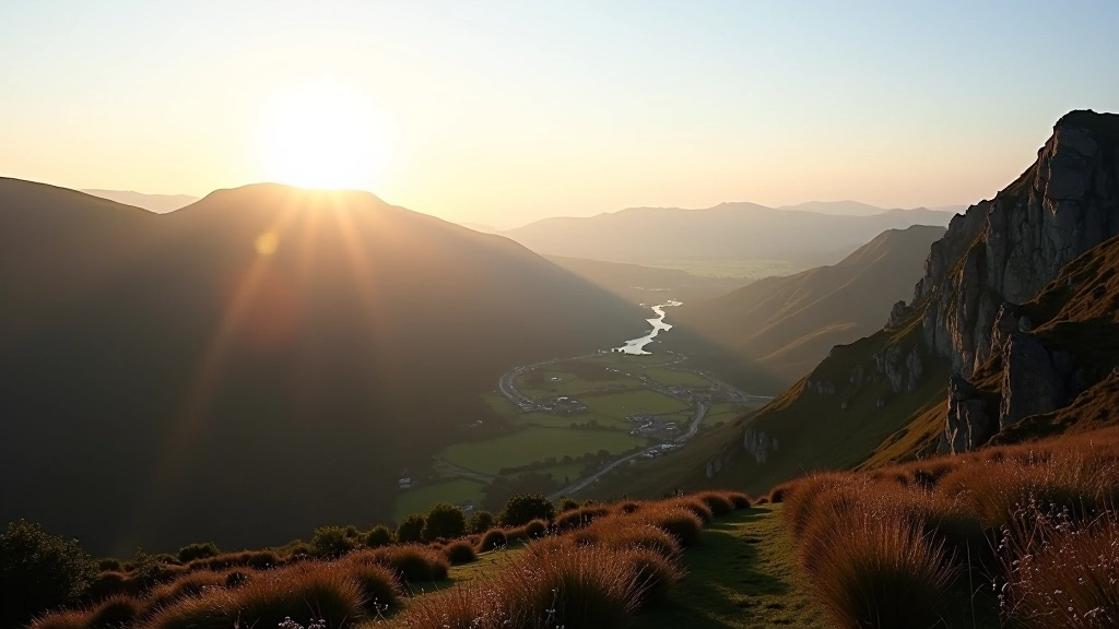 Panoramic mountain ridge with expansive valley views, clear sky, distant ridgelines