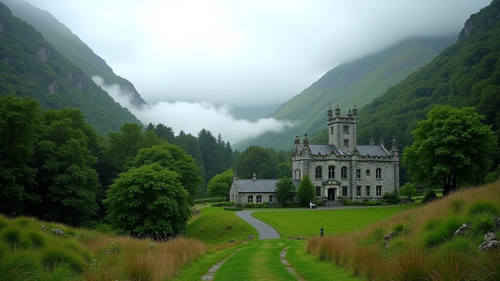 Kylemore Abbey surrounded by lush green mountains and woodland paths in County Galway, Ireland