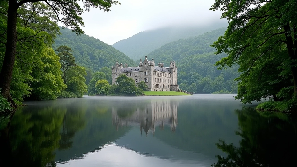 Abbey reflected in calm lake water with woodland surrounding the shoreline