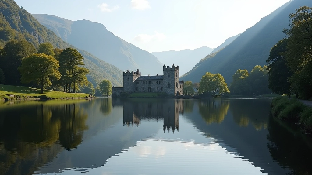 Kylemore Abbey with lake reflection, showing the stone building framed by mountains and woodland