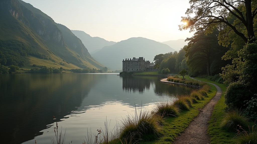 Kylemore Lake Shoreline and Abbey Approach - lakeside walk with abbey reflections and morning light