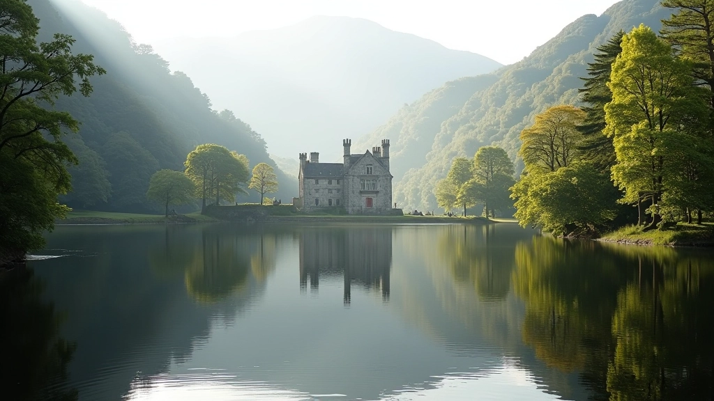 Kylemore Lake with abbey reflected in water, morning light