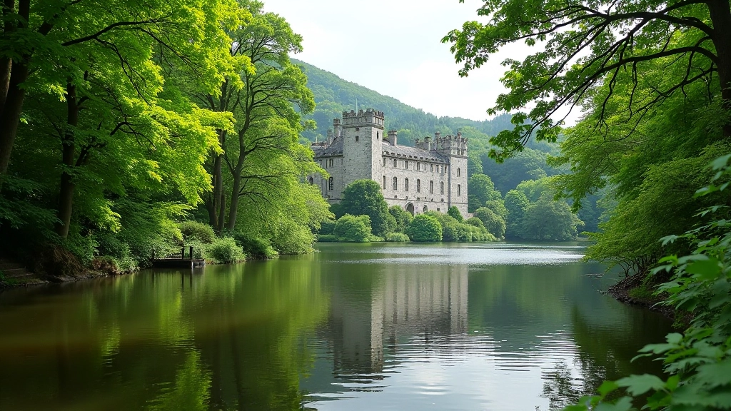 Lake shoreline with abbey building visible through trees