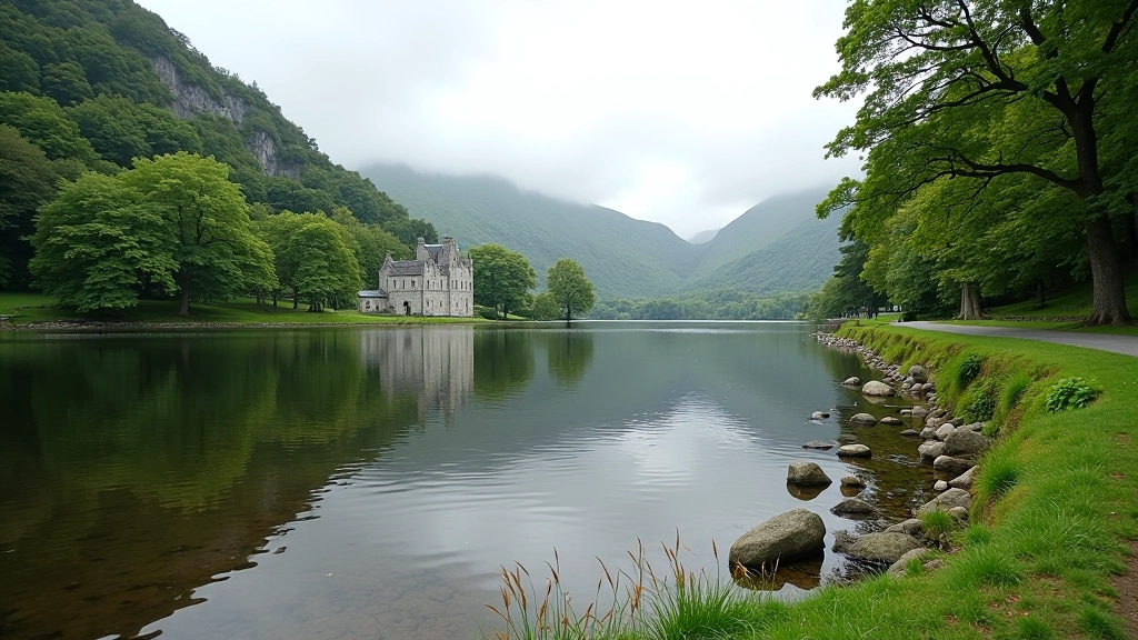 Lake shoreline with Kylemore Abbey visible across the water