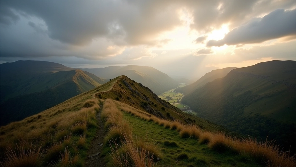 Mountain landscape with changing weather patterns, dramatic cloud formations over ridges