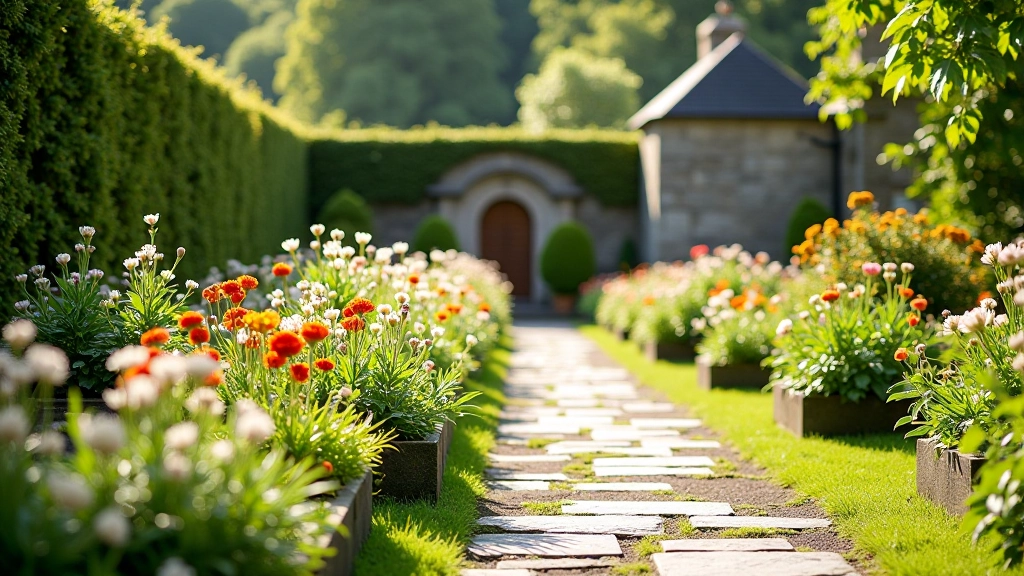 Restored Victorian garden beds with geometric patterns and heritage flowering plants arranged along stone pathways