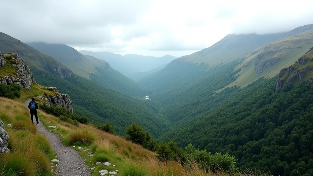 Rocky mountain ridge with panoramic valley views and forest below