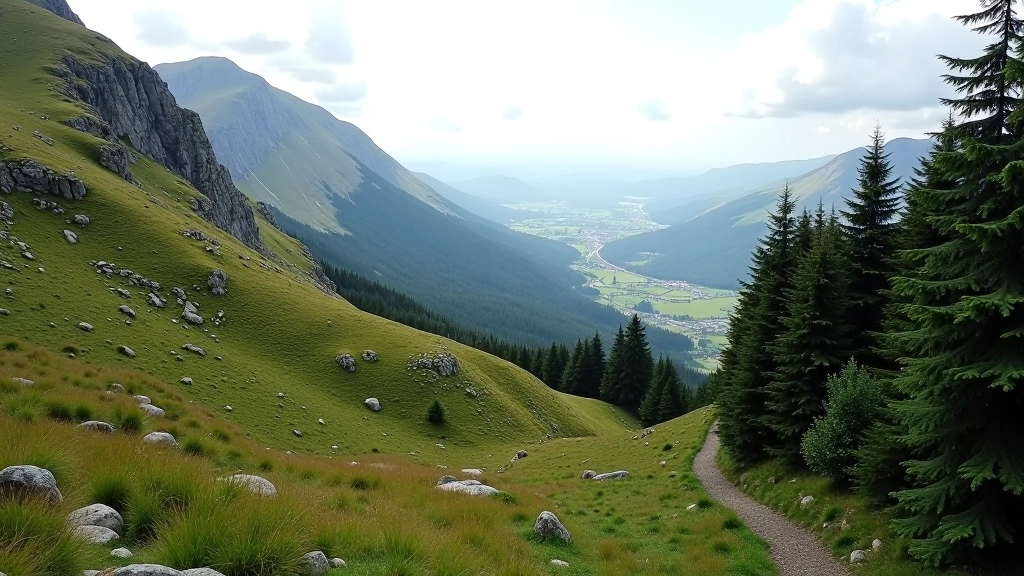 Rocky mountain ridge with steep terrain, expansive valley views, and conifer forest