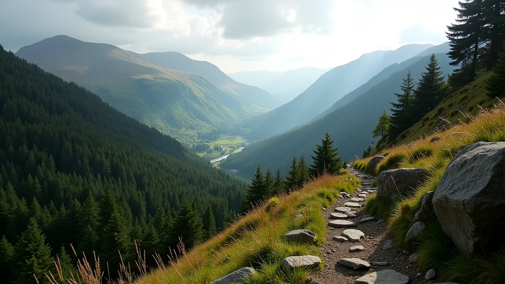 Rocky mountain trail with steep elevation gains overlooking forest valley and distant peaks