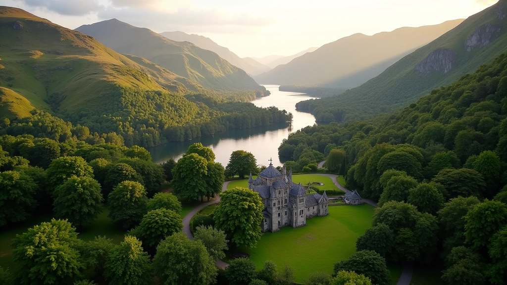 Kylemore Abbey gardens and surrounding woodland valley landscape