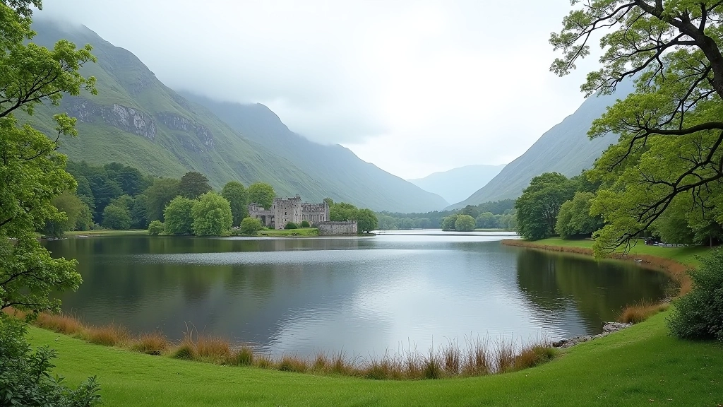 Scenic lake shoreline with abbey ruins visible across the water, mountains in background