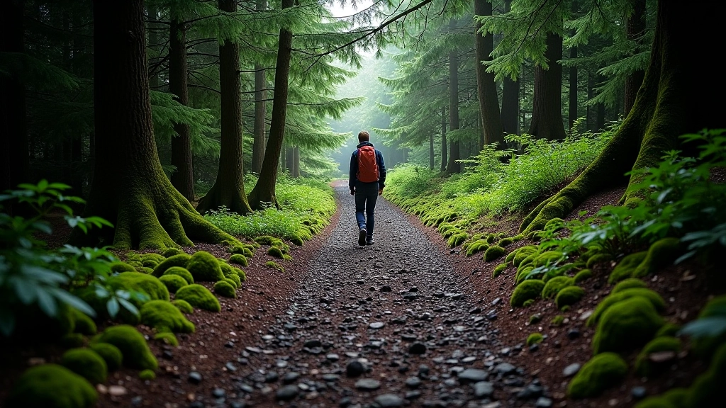 Forest descent trail with loose rocks, steep downhill grade, conifer trees