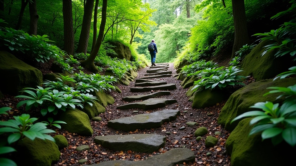 Steep forest trail with rocky ground and tree roots, steep uphill grade visible
