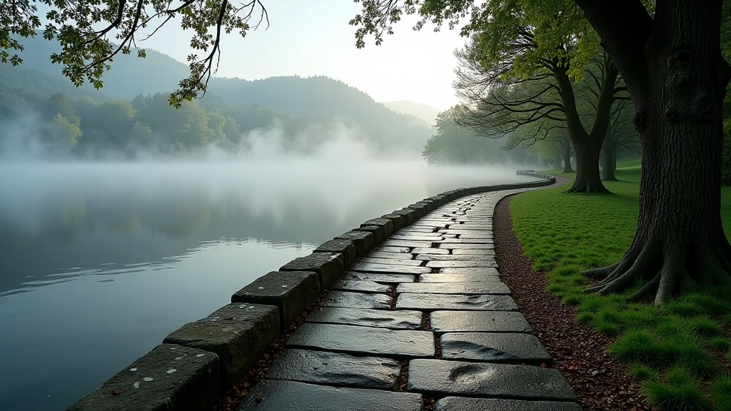 Stone pathway along the lake shore with morning mist rising from water