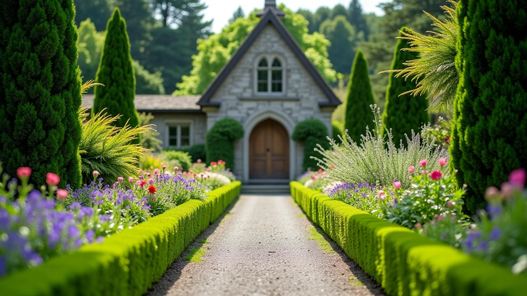 Victorian stone walls surrounding formal garden with flowering plants and manicured hedges