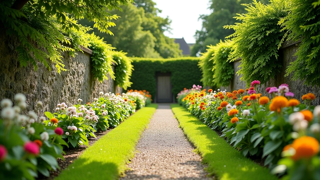 Victorian walled garden with restored stone walls and heritage flowering plants in spring bloom