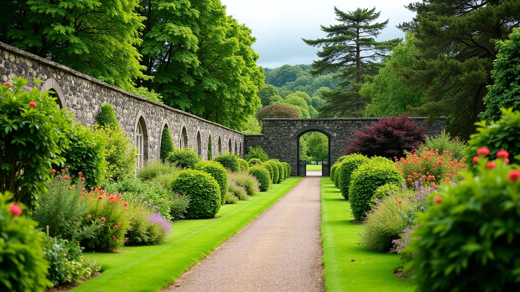 Victorian walled garden with stone walls and flowering plants