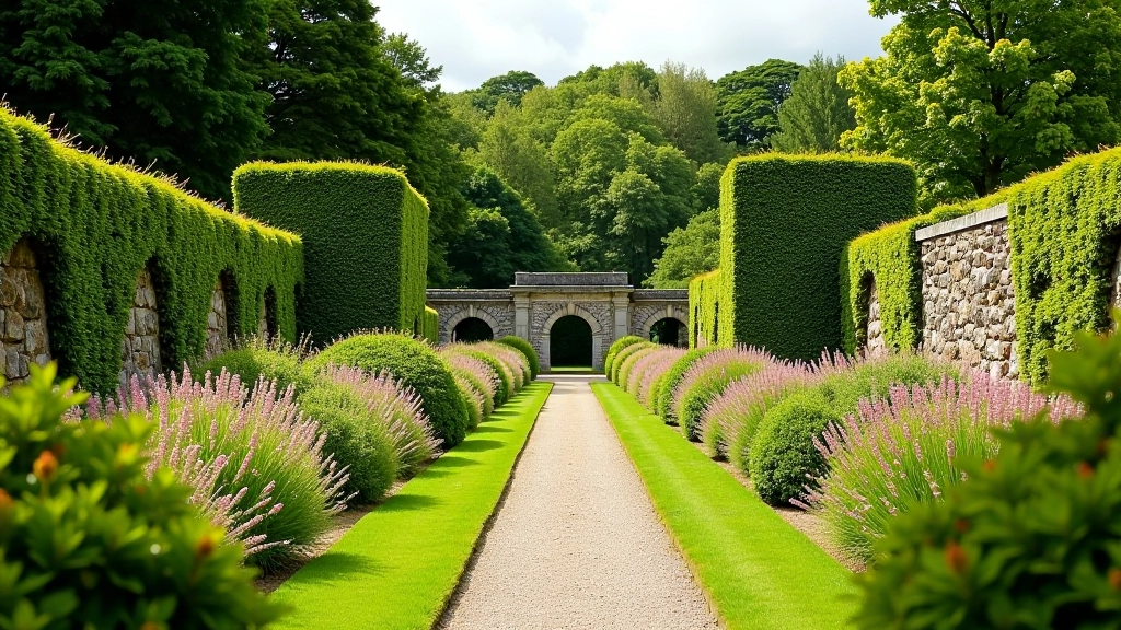 Victorian walled garden with stone walls, restored heritage plants, and formal garden layout at Kylemore