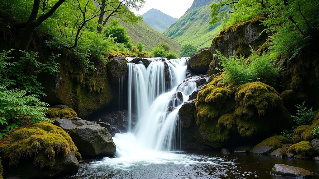 Scenic mountain waterfall cascading down moss-covered rocks with lush green vegetation and distant peak views