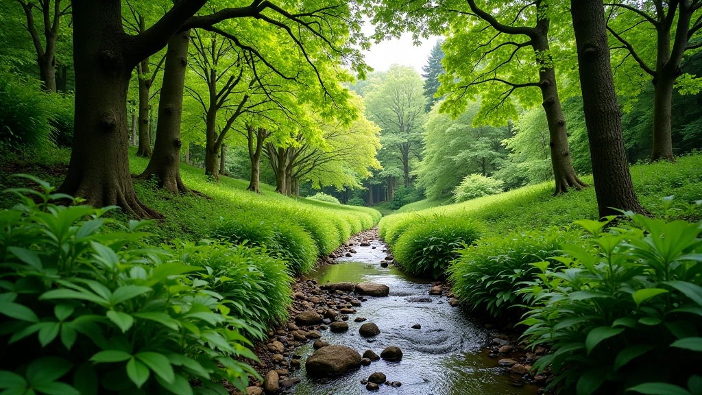 Woodland path through native forest with stream running alongside