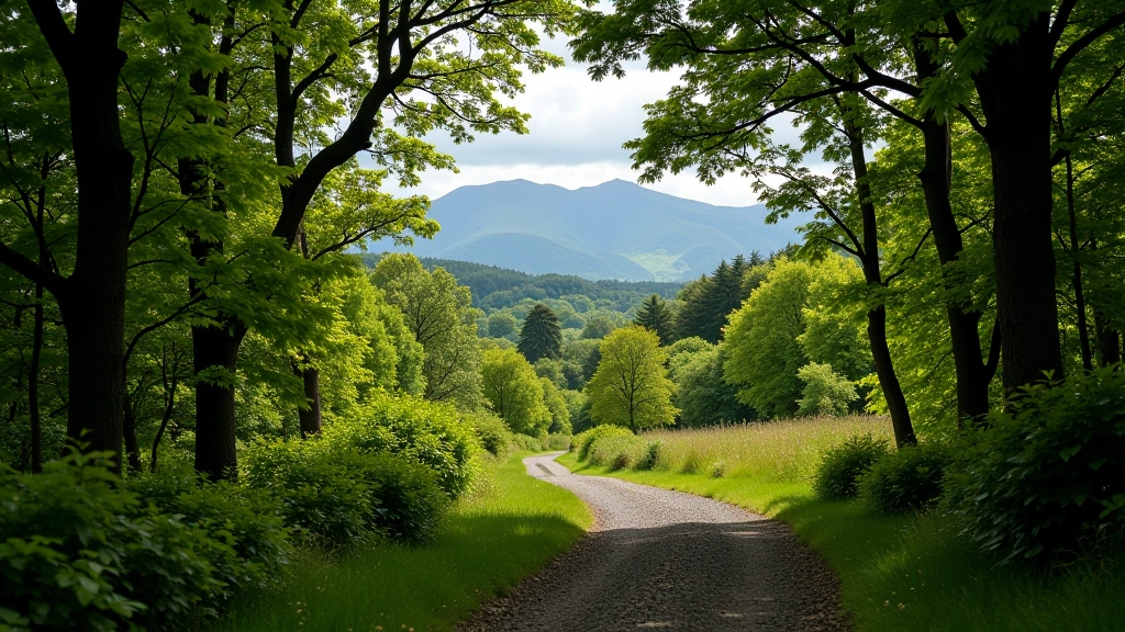 Woodland Ridge Trail leading through native oak and hazel forest with mountain views in the distance