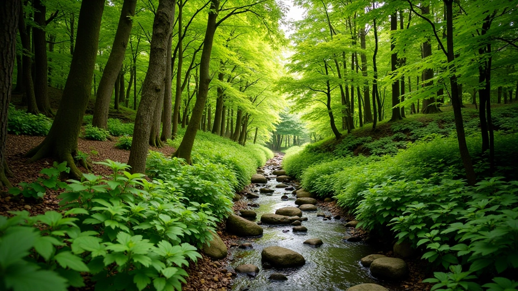 Woodland trail with native trees and stream running alongside path